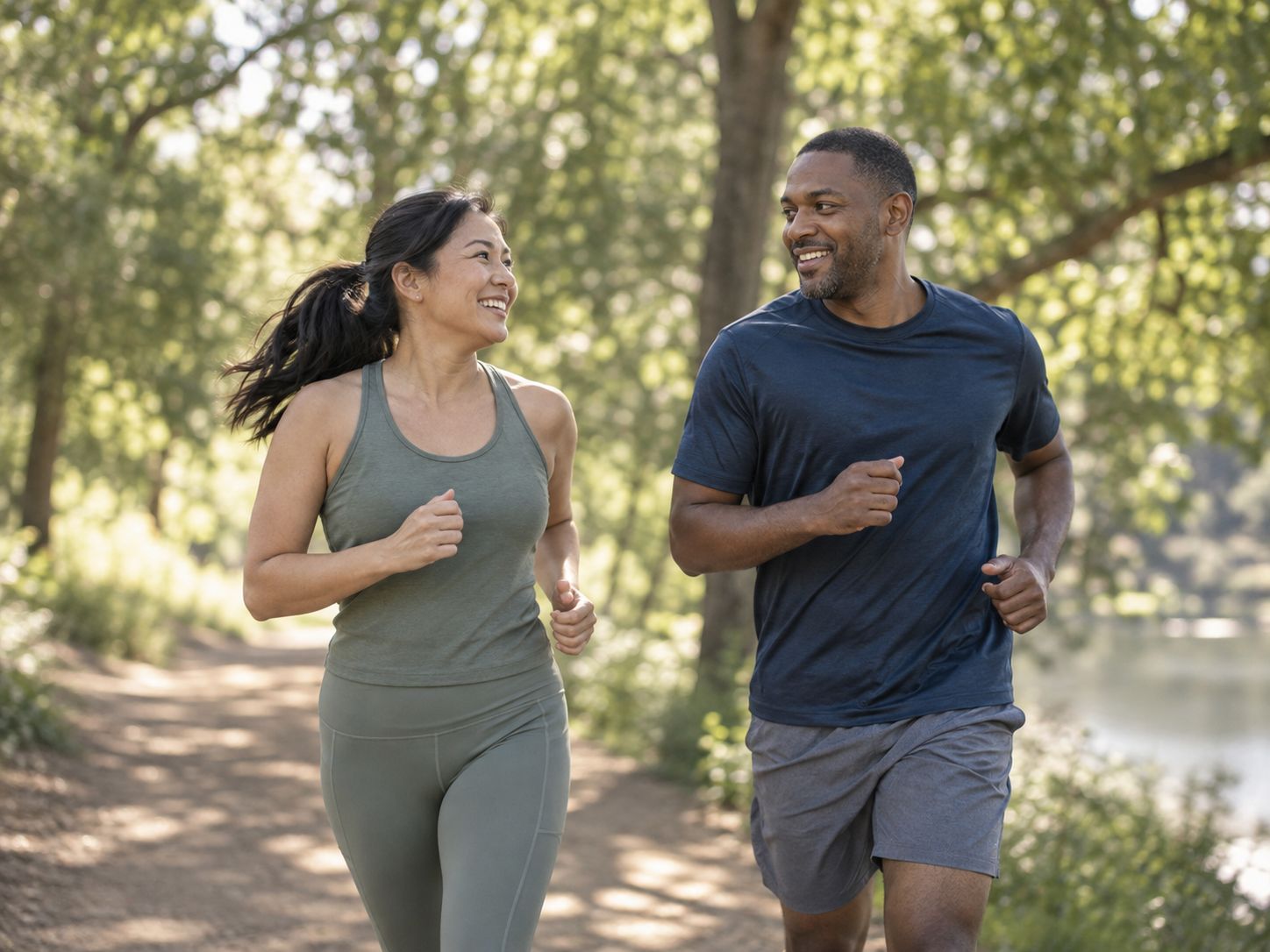 A woman and man jogging together along a leafy park trail.
