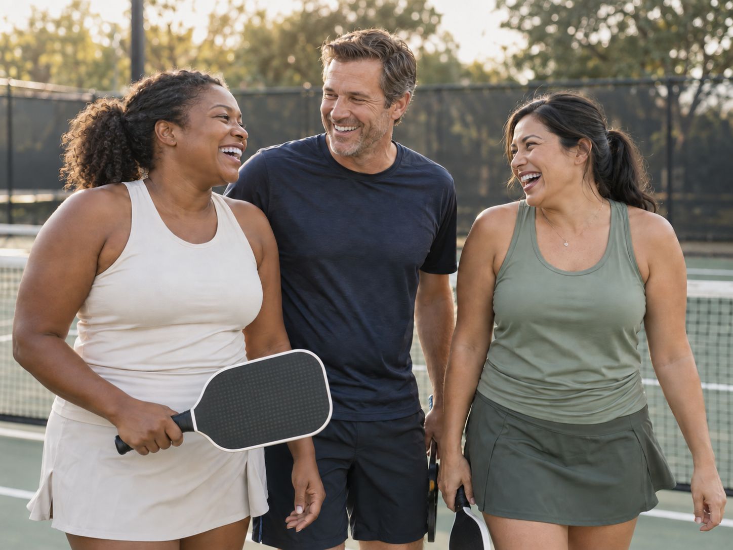 Three friends enjoying a break on an outdoor pickleball court.