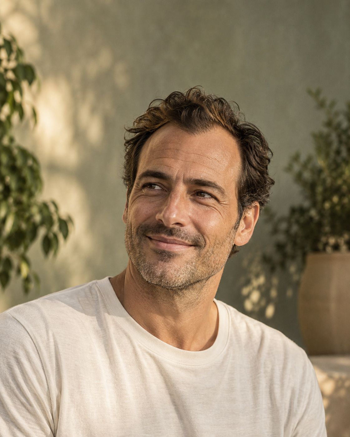 A man with dark wavy hair in warm natural light.