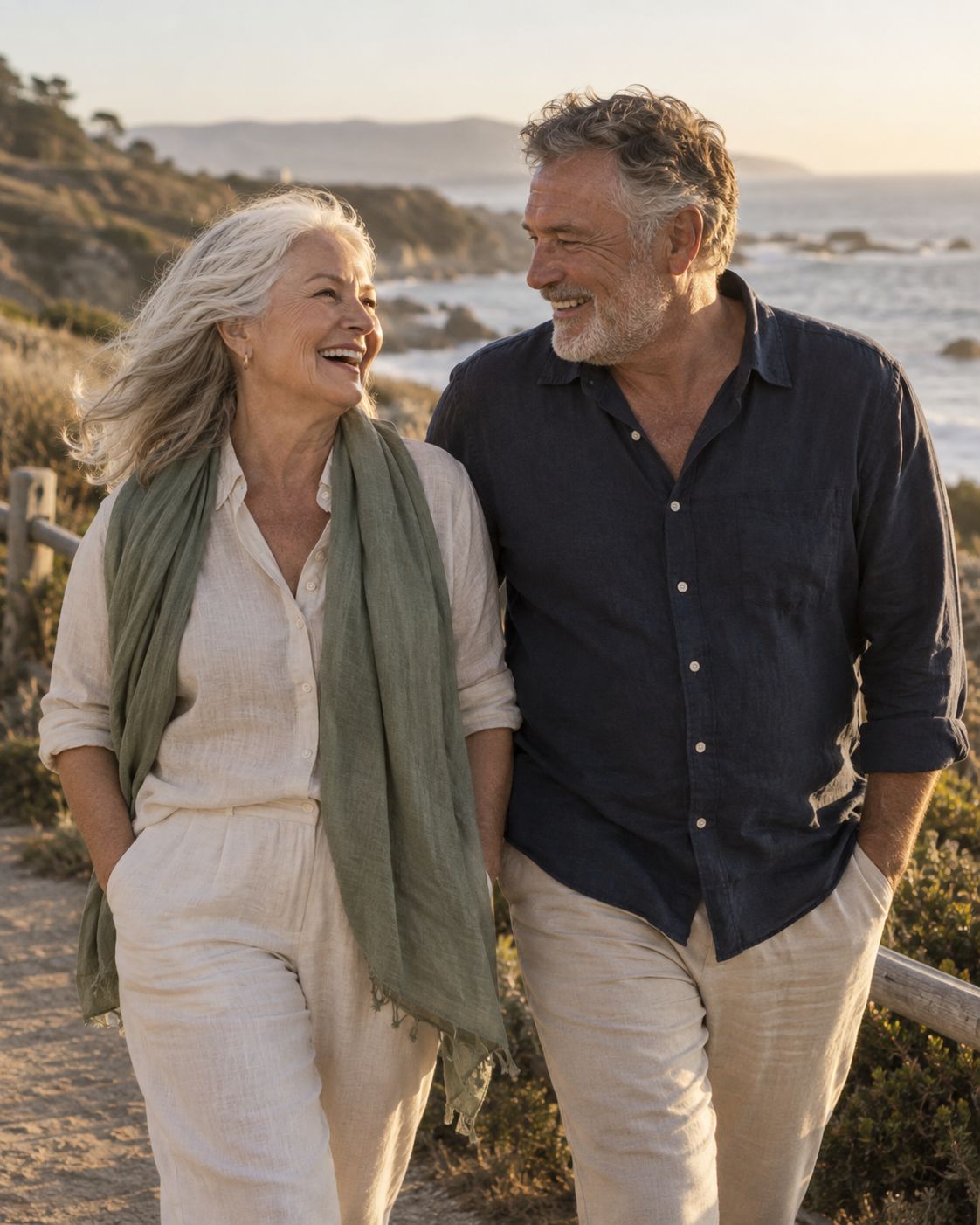 An older couple laughing together on a coastal walk.