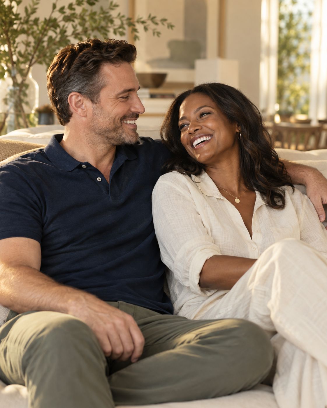 A couple sharing a relaxed moment at home.