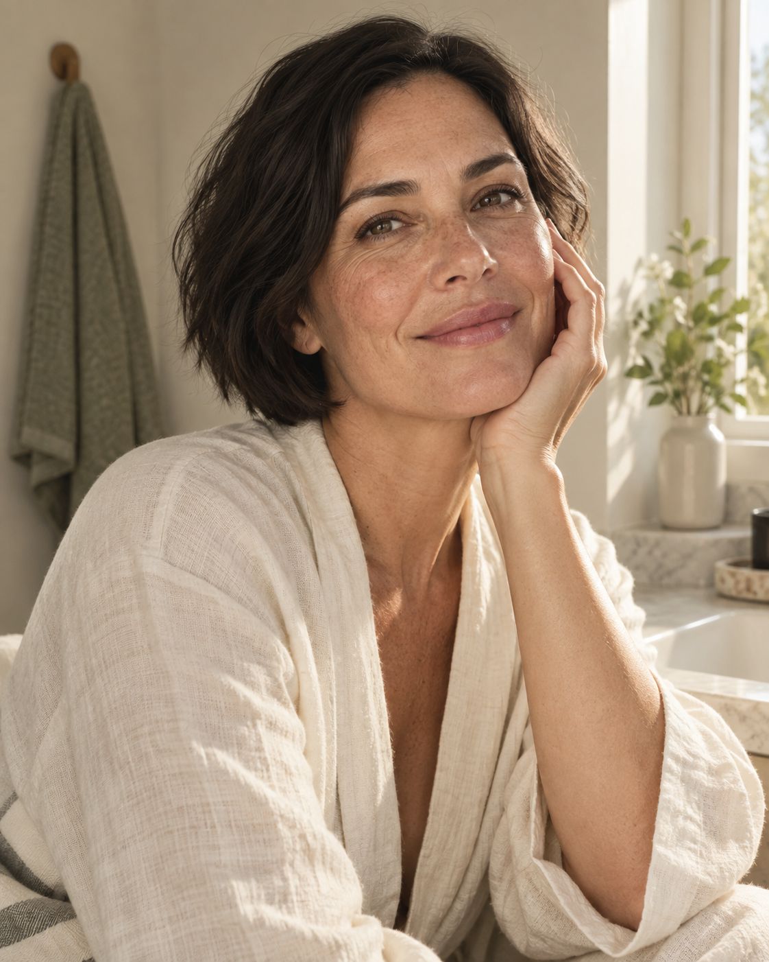 A woman with freckles resting her hand against her cheek.