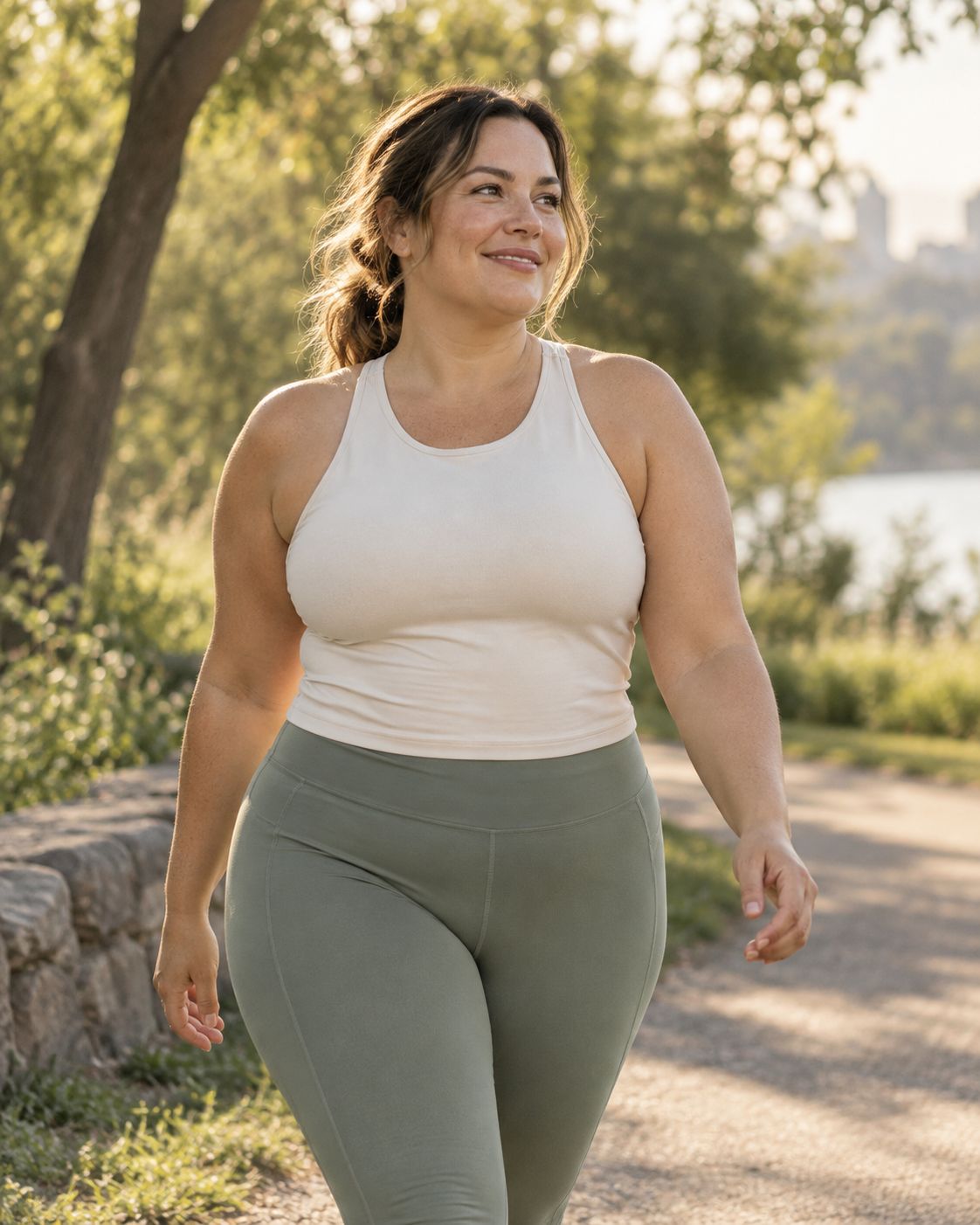 A woman enjoying a walk on a sunlit park path.